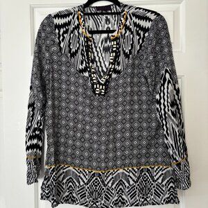 Hale Bob Black & White Mixed Print Beaded Tunic Blouse - Size M - NWOT